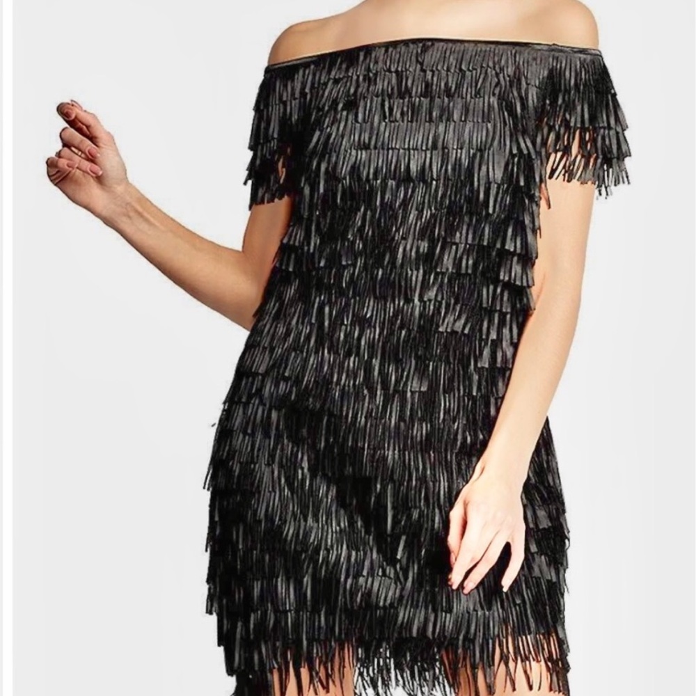 Sho by Tadashi Shoji Black Fringe Off Shoulder Crepe Flapper Mini Dress  12 NWT